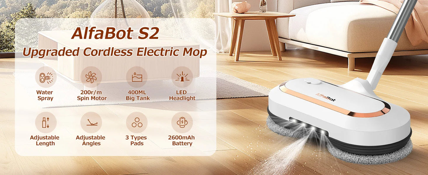 Cordless Spin Mop for Floor Cleaning, with LED Headlight and Big Tank/60 Mins Runtime